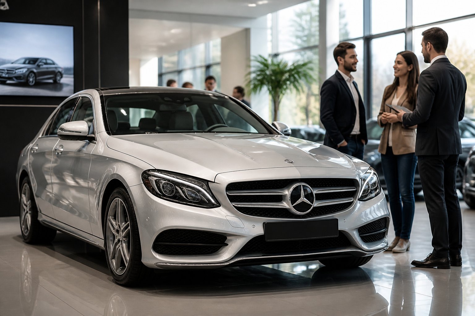 A used silver Mercedes-Benz car displayed in a bright dealership showroom with people talking in the background.