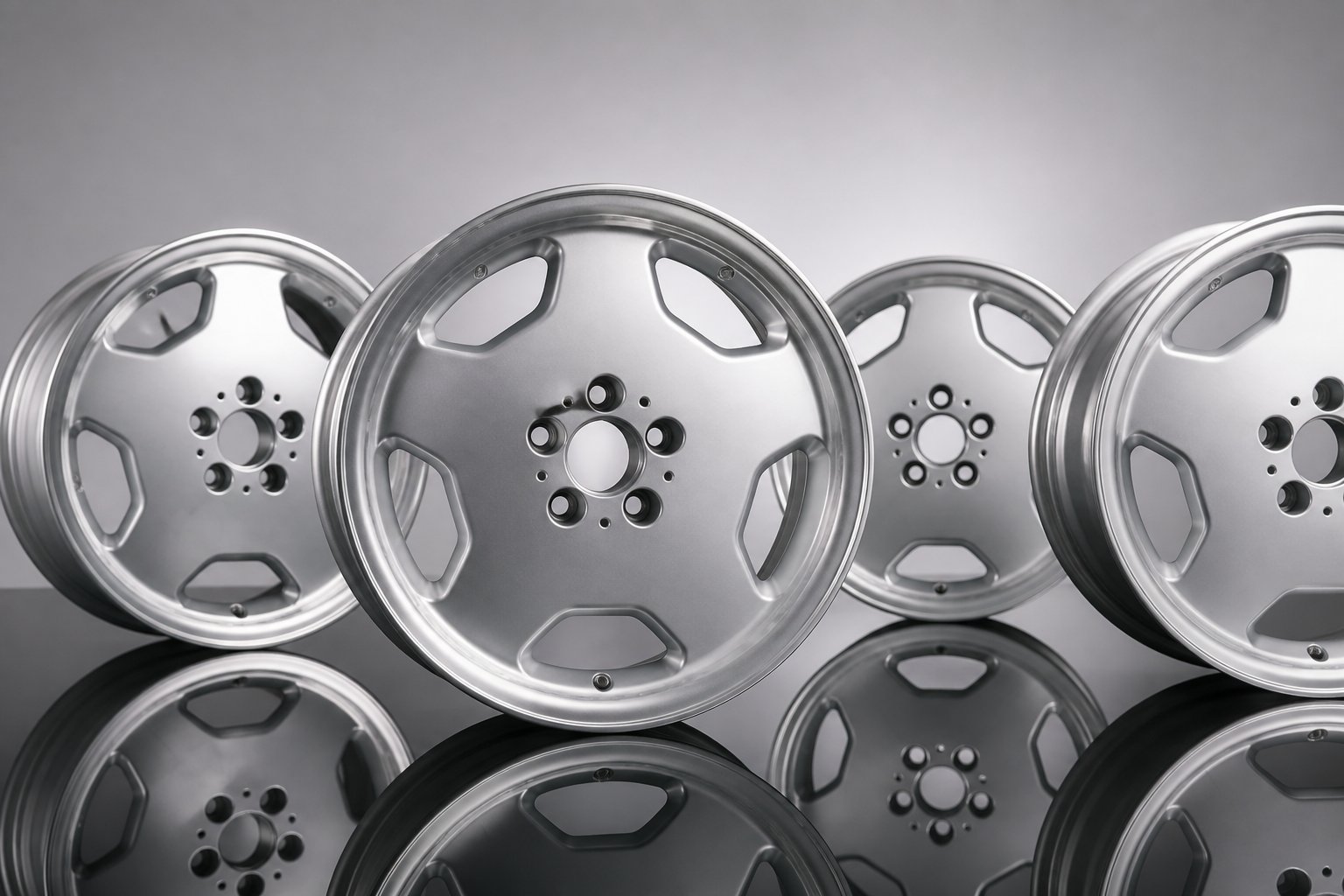 Close-up of a set of 18-inch AMG Monoblock Style I wheels for a car, placed on a reflective surface with a plain background.