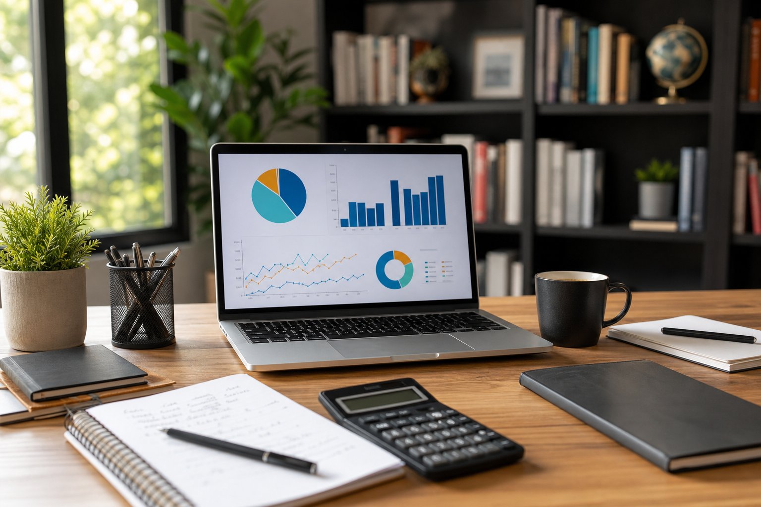 A tidy workspace with a laptop showing financial charts, a calculator, a notebook, and a cup of coffee on a wooden desk near a window.