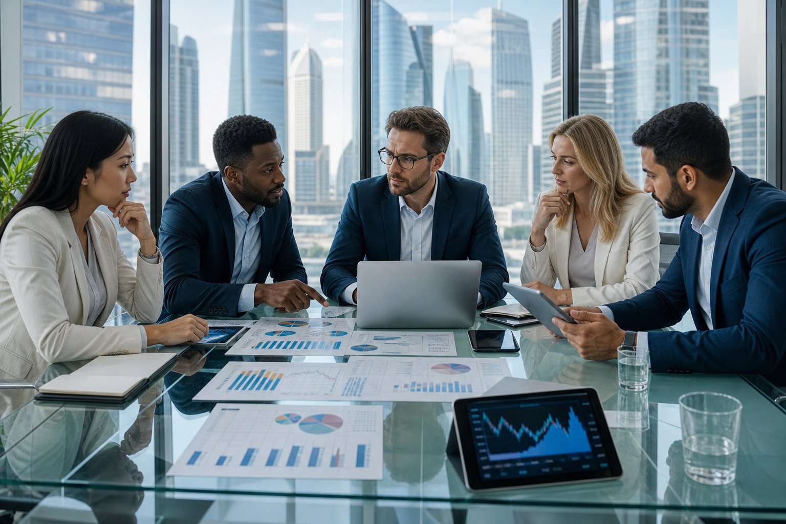 A group of professionals discussing financial documents and charts around a glass table in a modern office with a city skyline visible through large windows.