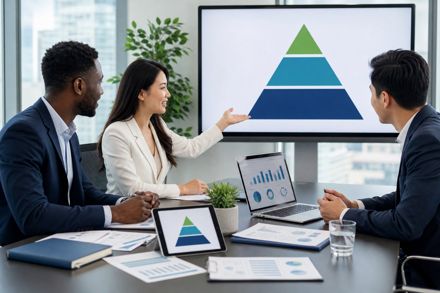 Three business professionals discussing financial plans around a conference table with charts and a tiered diagram on a screen behind them.