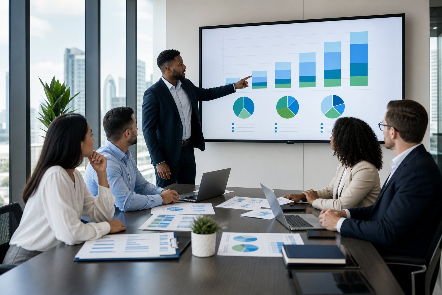 Three people in a modern office discussing financial charts and graphs around a conference table.