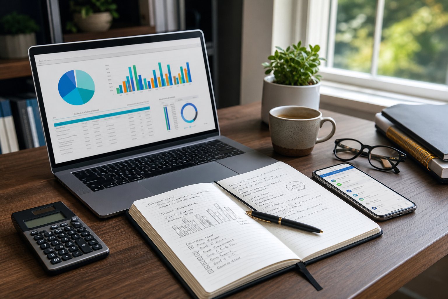 A workspace with a laptop showing financial charts, a notebook with notes, a calculator, and a smartphone, suggesting financial planning for emergency funds.