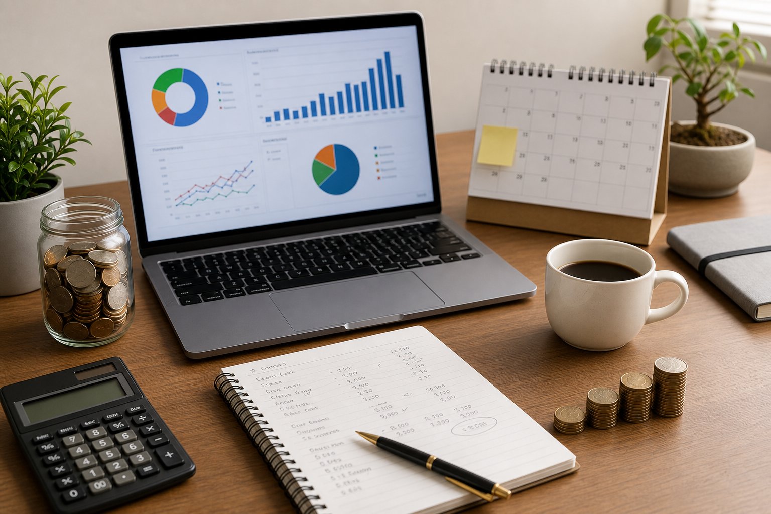 A clean desk with a laptop showing financial charts, a notebook with notes, a calculator, coins, and a calendar, representing emergency fund planning.