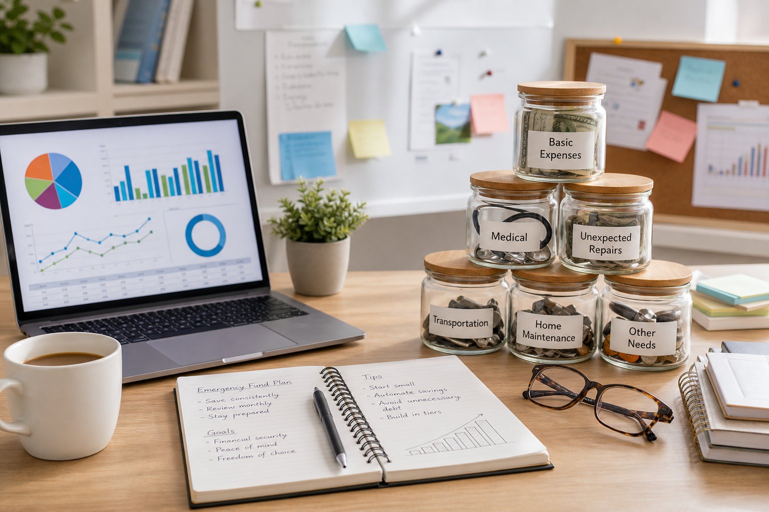 A modern workspace with a laptop showing financial charts, tiered glass jars representing emergency fund categories, a notepad with notes, and a whiteboard with pinned reminders.