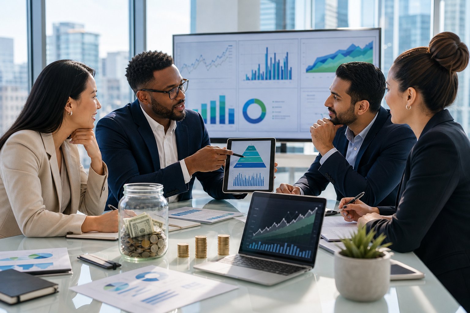 A group of business professionals discussing financial charts and digital devices around a conference table in a bright office.