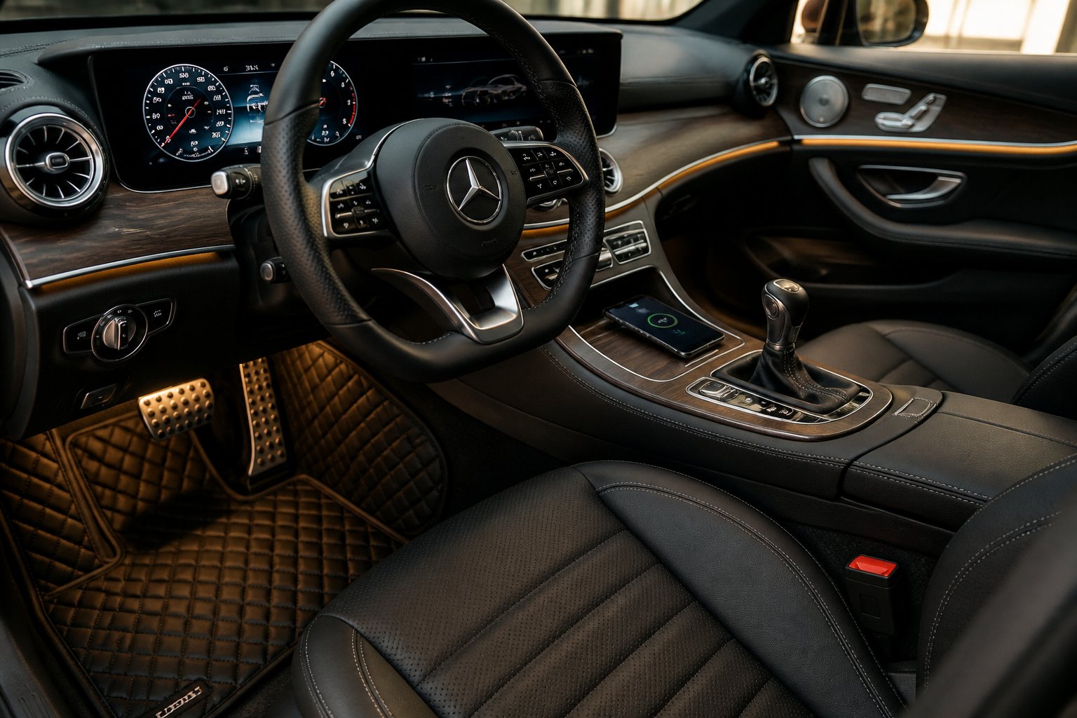 Close-up view of a luxurious Mercedes-Benz car interior showing leather seats, steering wheel, digital dashboard, wireless phone charger, floor mats, ambient lighting, and gear shift cover.