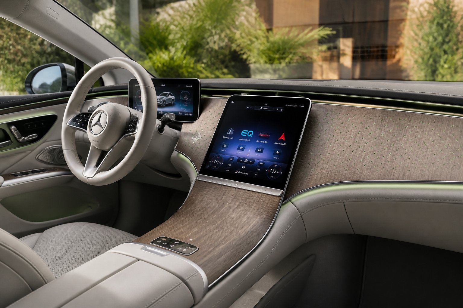 Interior view of a modern Mercedes-Benz car with eco-friendly materials and electric vehicle controls.