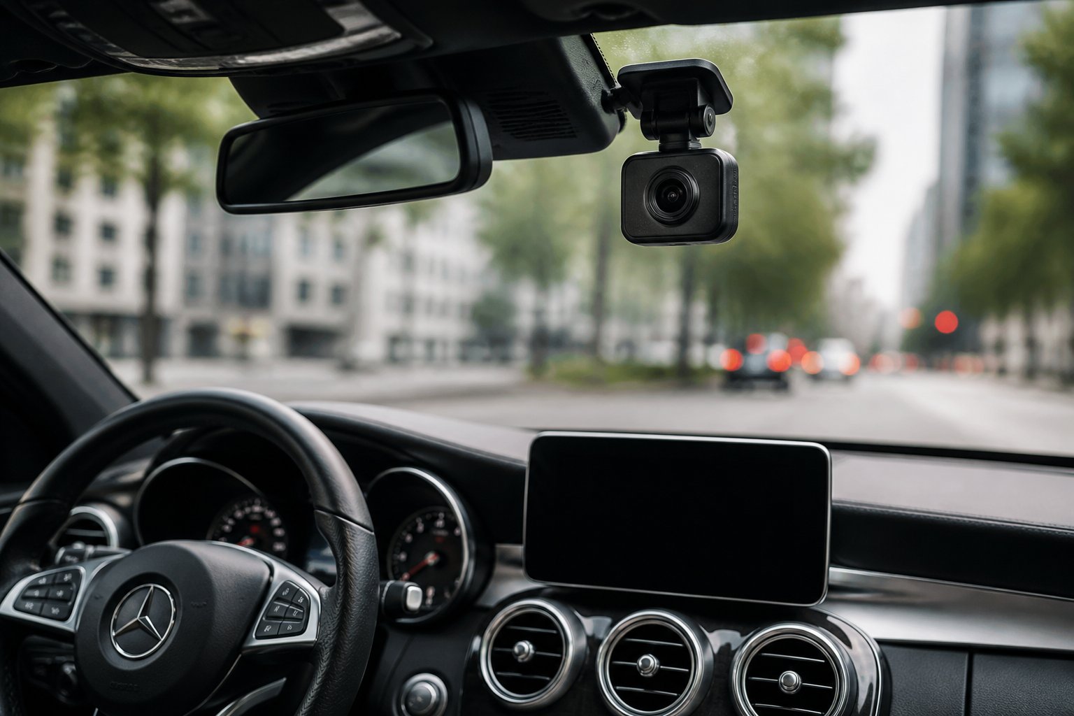 Interior of a Mercedes-Benz car showing a dash cam mounted on the windshield near the rearview mirror, with the dashboard and steering wheel visible and a city street outside.