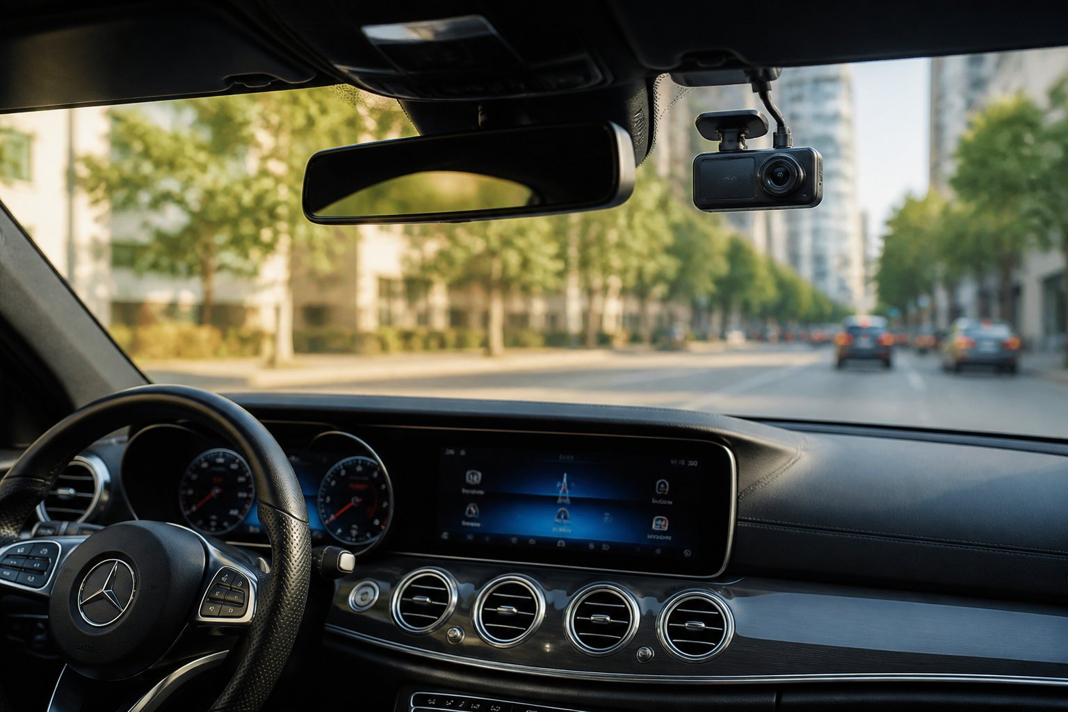 Interior view of a Mercedes-Benz dashboard with a modern dash cam mounted near the rearview mirror, showing the road ahead through the windshield.
