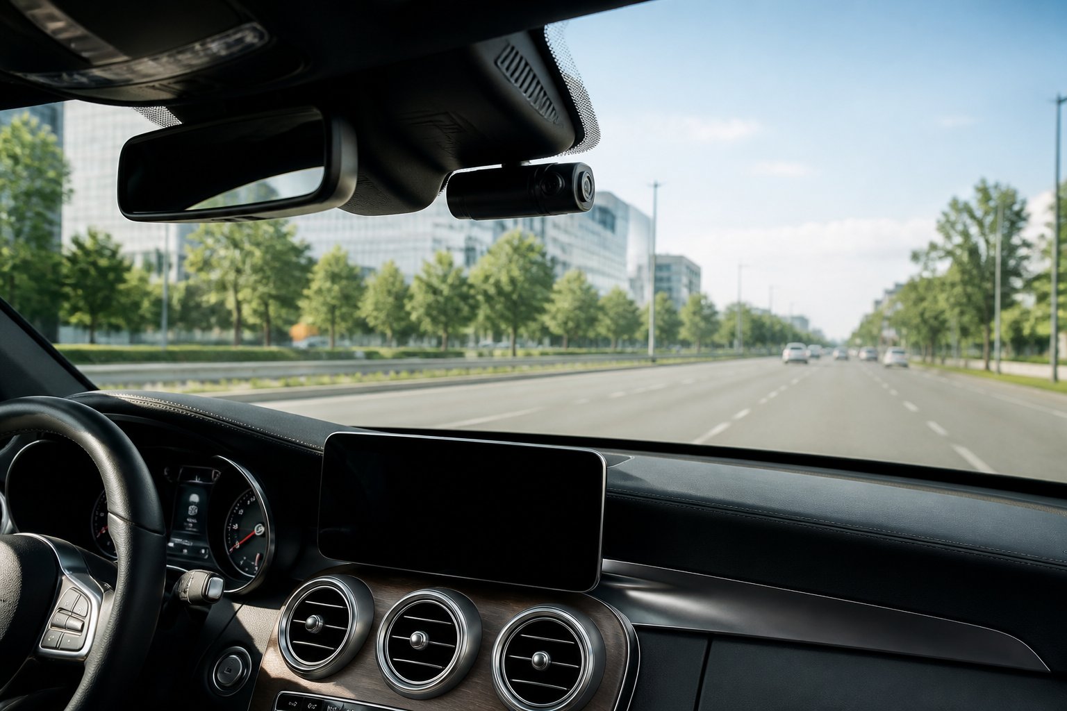 Interior view of a Mercedes-Benz car dashboard with a dash cam mounted behind the rearview mirror, showing a clear road ahead through the windshield.