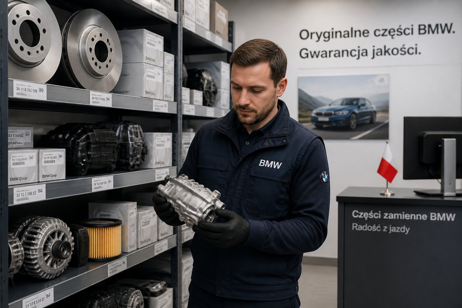 Technik w warsztacie samochodowym trzymający oryginalną część BMW, z półkami pełnymi części BMW w tle.
