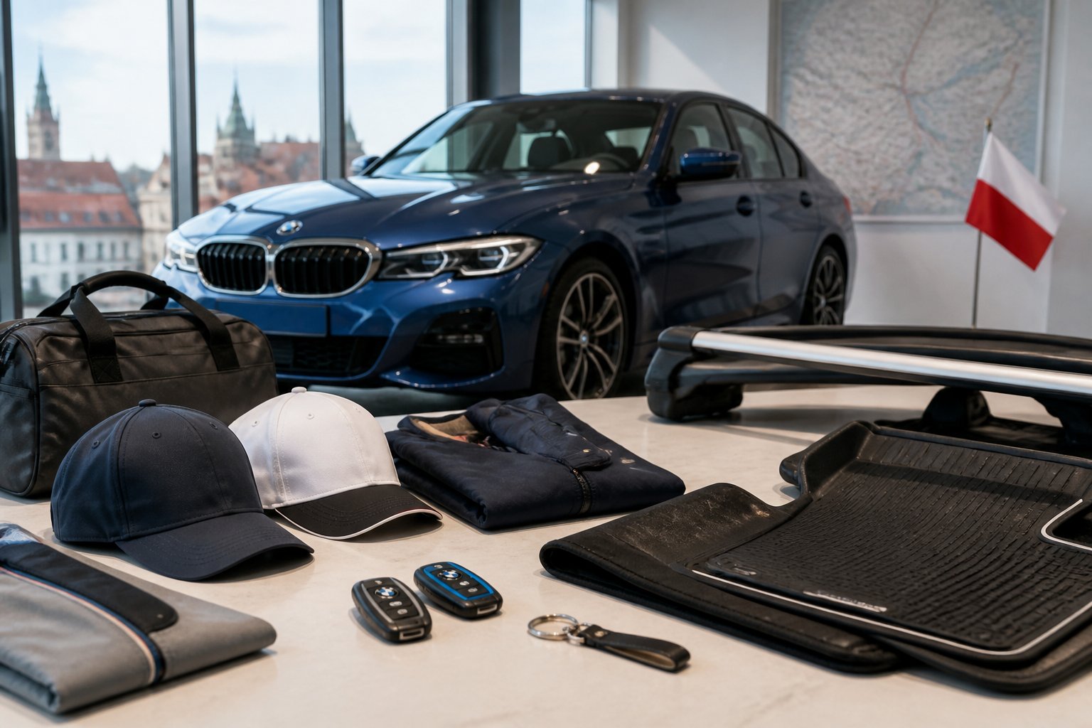 Zestaw oryginalnych akcesoriów BMW i MINI obok zaparkowanego samochodu BMW, na jasnym tle.