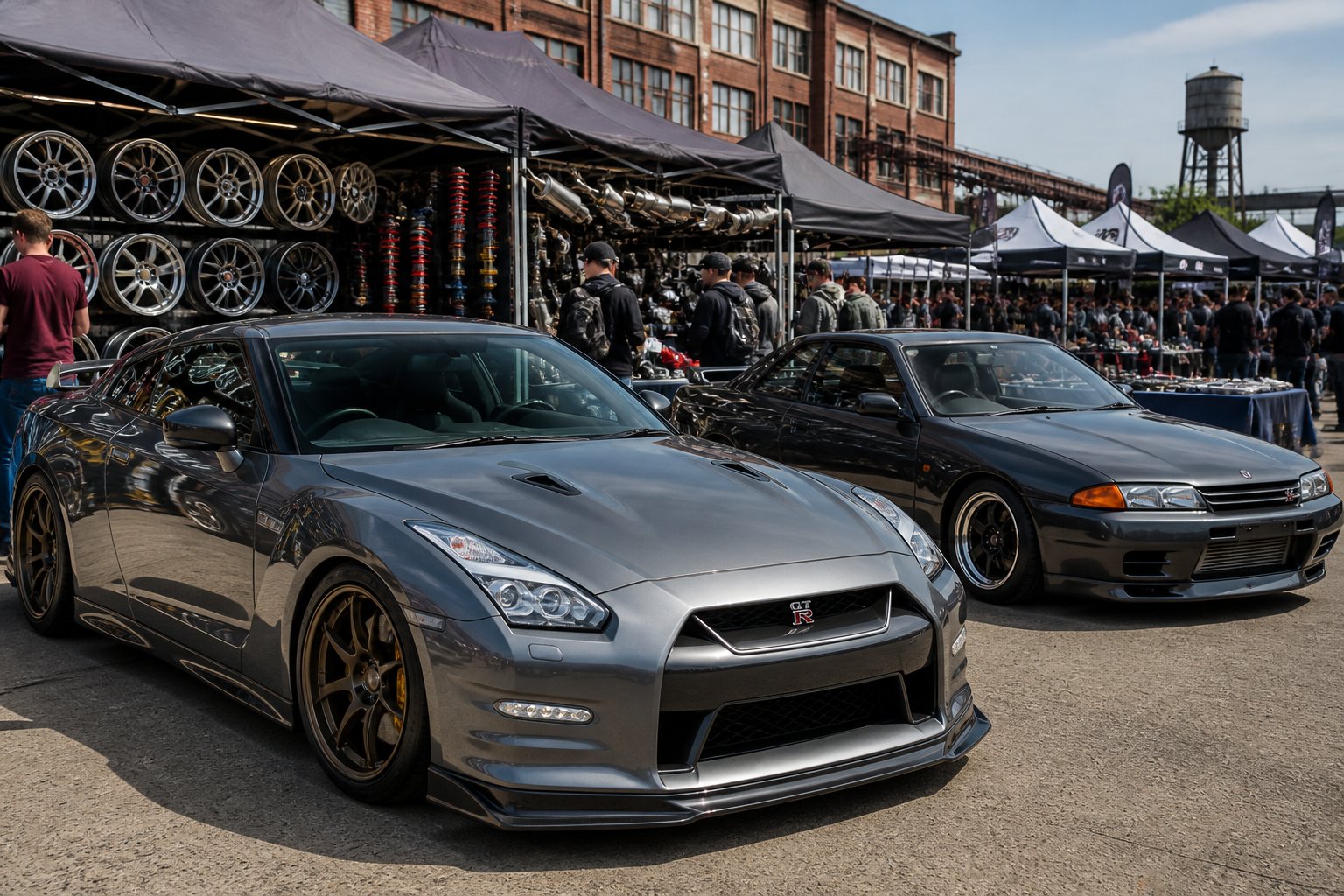 Een drukke buitenmarkt in Duitsland met een Nissan GTR R35 en een Nissan Skyline R32 GTR, omringd door autoliefhebbers en onderdelen.