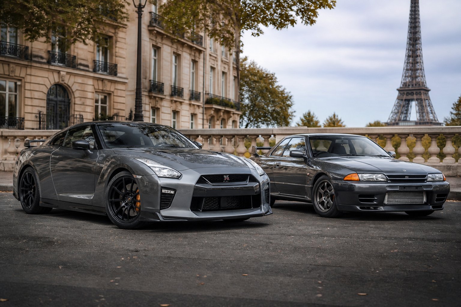 Deux voitures sportives Nissan GTR R35 et Skyline R32 GTR garées dans un environnement urbain français.