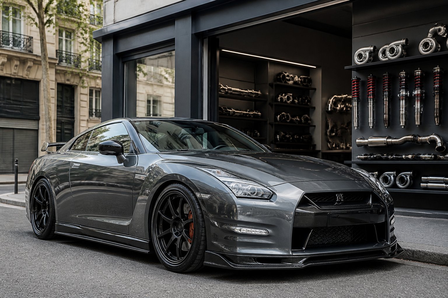 Une Nissan GT-R R35 garée devant un atelier de tuning automobile en France avec des pièces de performance visibles en arrière-plan.