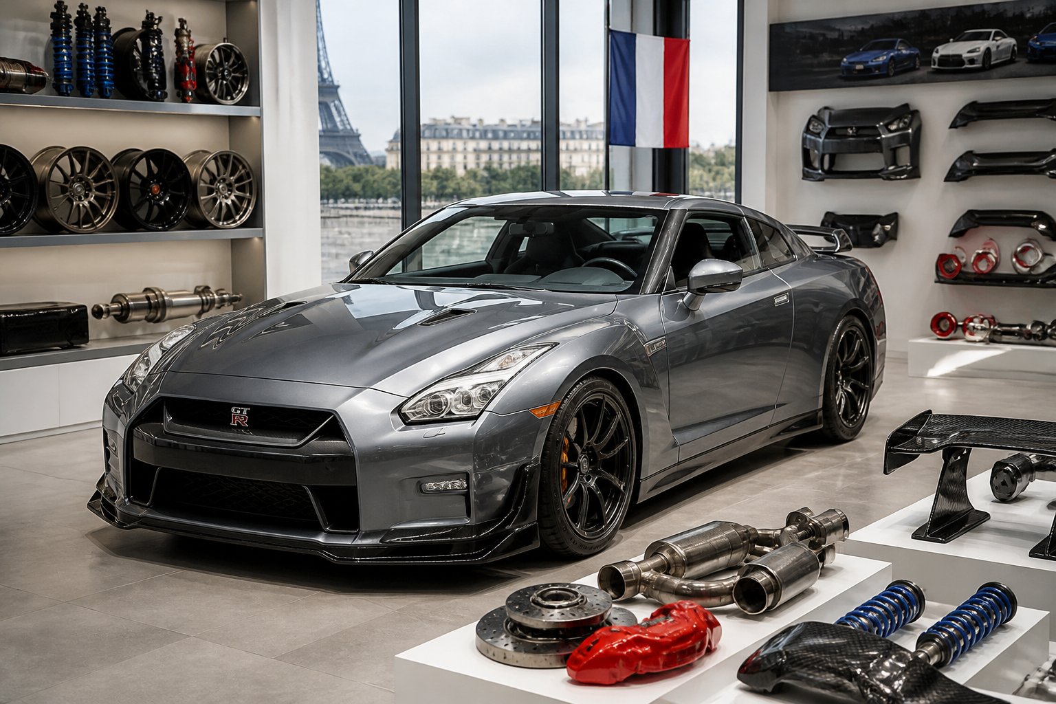 Une voiture Nissan GTR R35 exposée dans un showroom avec des pièces automobiles autour.