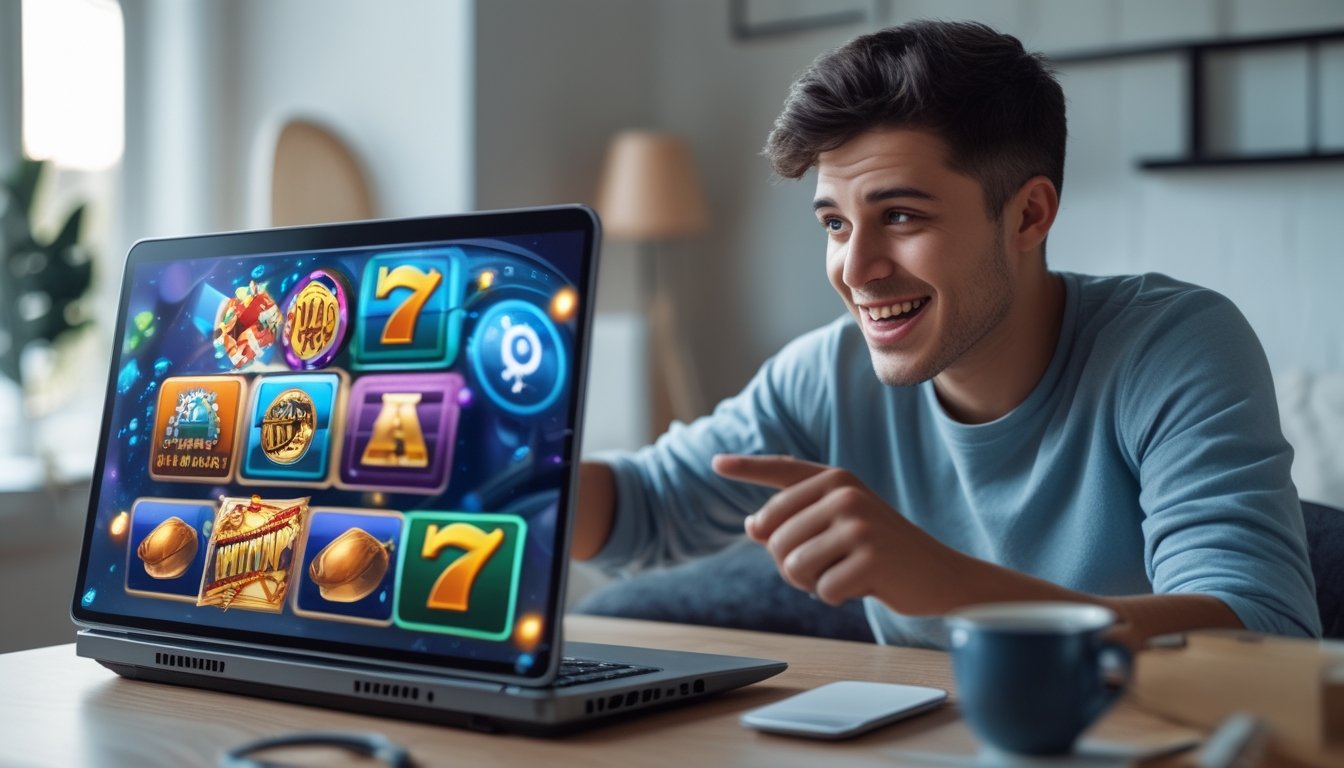Seorang pemain pemula yang antusias menggunakan laptop untuk bermain slot online di ruangan yang nyaman dan terang.