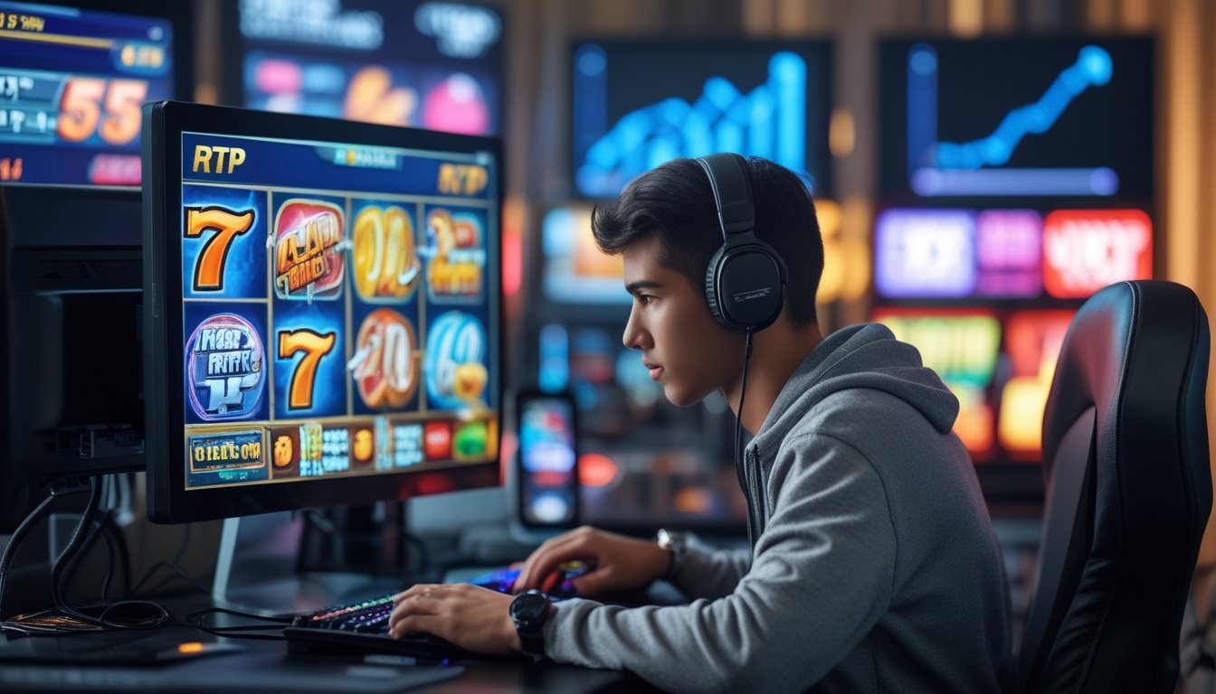 Seorang pemain pemula duduk di depan komputer dengan tampilan permainan slot online yang berwarna-warni dan grafik RTP tinggi di layar.