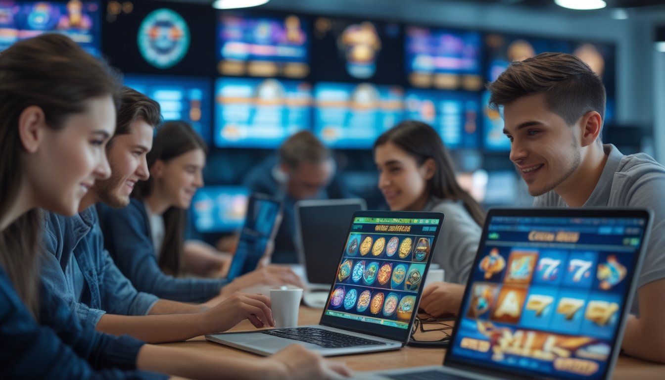 Sekelompok orang muda menggunakan laptop dan ponsel untuk bermain permainan slot online di ruang kantor modern.