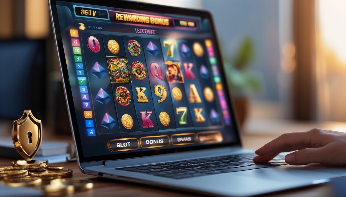 Seorang pengguna sedang melihat layar komputer yang menampilkan permainan slot online dengan ikon bonus dan simbol jackpot, dikombinasikan dengan elemen yang melambangkan keamanan dan kepercayaan.