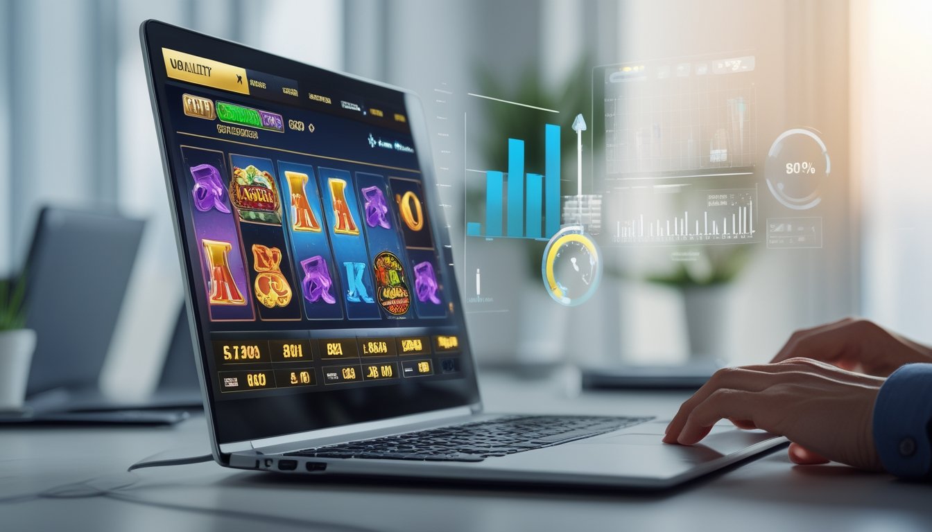 Seseorang menggunakan laptop yang menampilkan permainan slot online dengan grafik dan diagram di sekitar ruang kerja yang terang dan rapi.