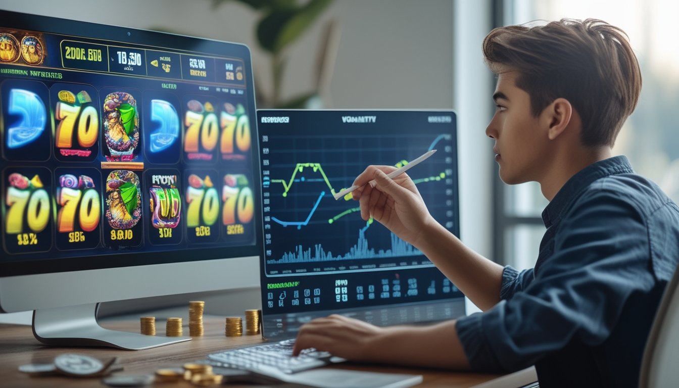 Seseorang sedang menganalisis grafik dan data permainan slot online di depan komputer di ruang kerja yang rapi.