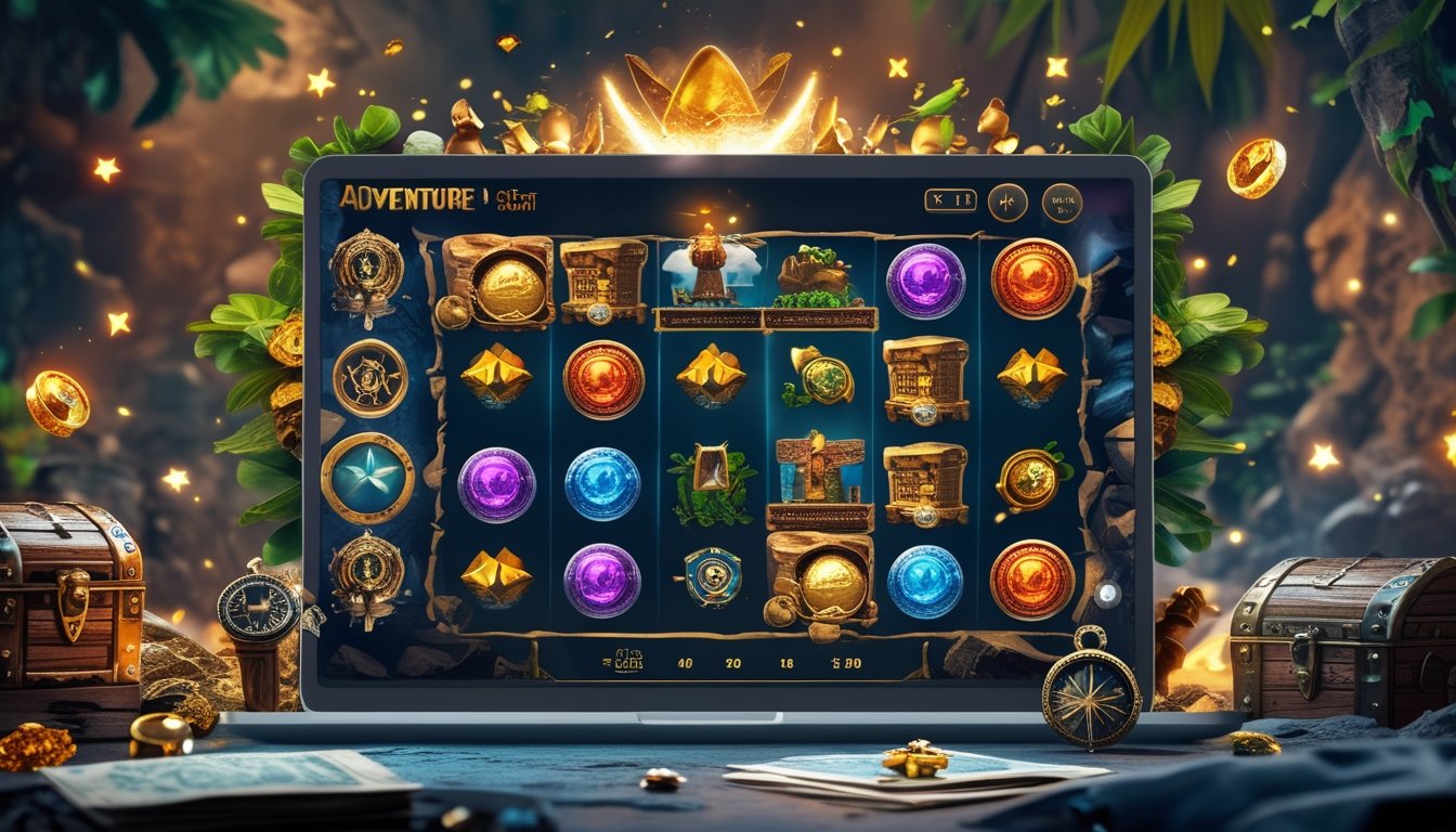 Layar perangkat menampilkan permainan slot online bertema petualangan dengan harta karun, peta kuno, dan simbol petualangan di sekitarnya.