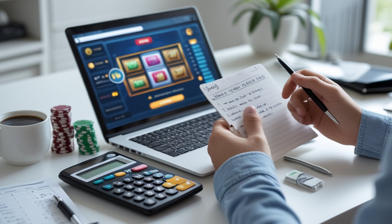 Seorang pemula sedang mengelola modal dengan serius saat bermain slot online di laptop di ruang kerja rumah yang rapi.