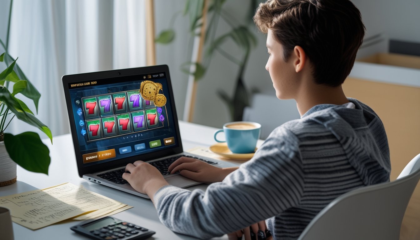 Seorang pemula bermain slot online di laptop dengan suasana rumah yang nyaman dan alat tulis di meja.