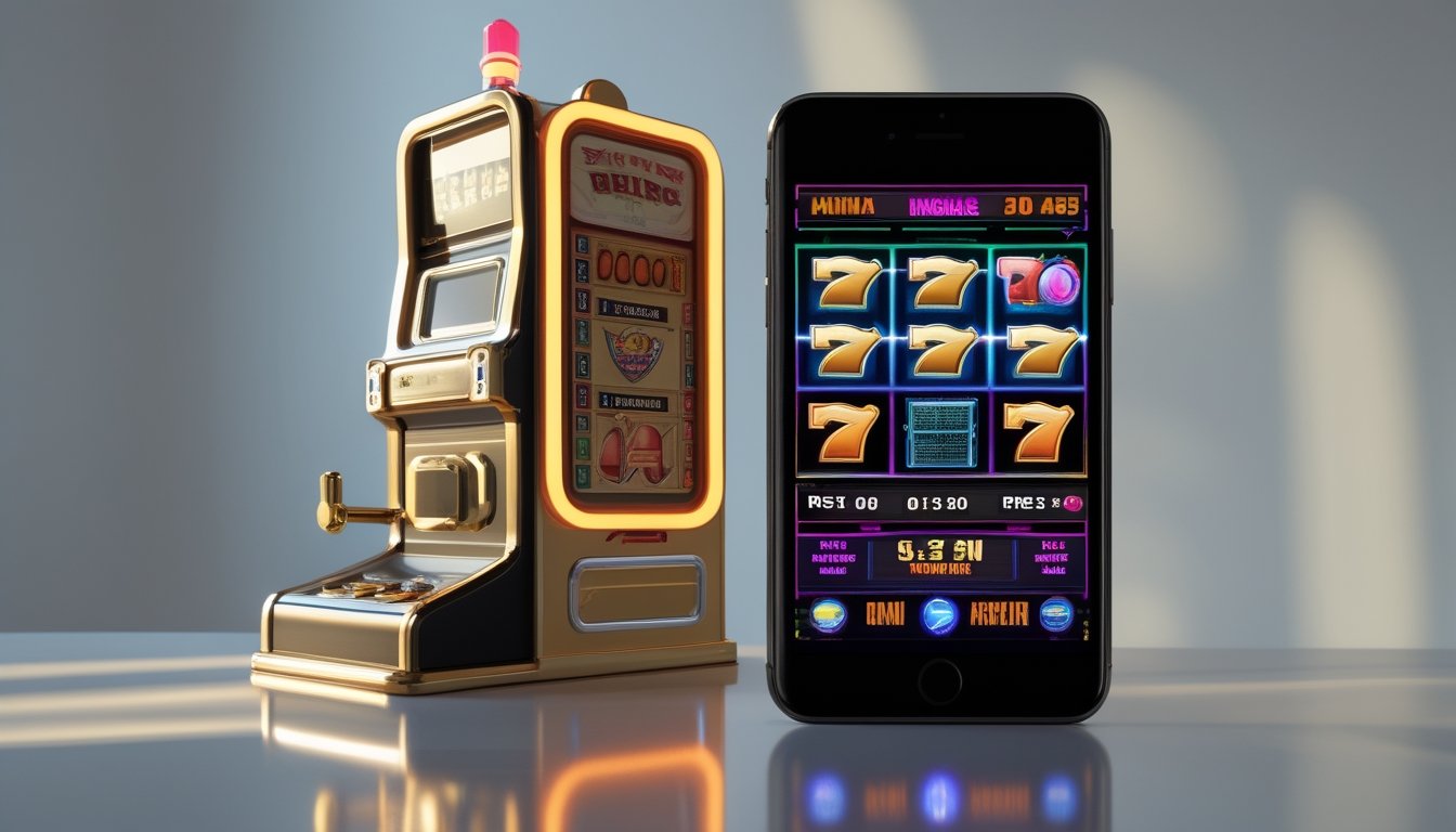 Gambar perbandingan dua mesin slot online, satu klasik dengan tuas dan simbol tradisional, dan satu modern dengan layar digital berwarna cerah.
