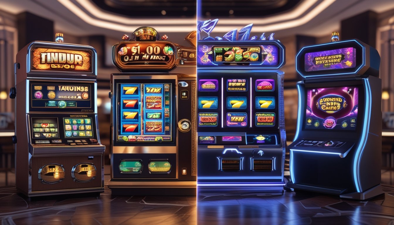 Dua mesin slot berdampingan, satu bergaya klasik dengan simbol buah dan yang lainnya bergaya modern dengan layar digital berwarna-warni di dalam kasino.