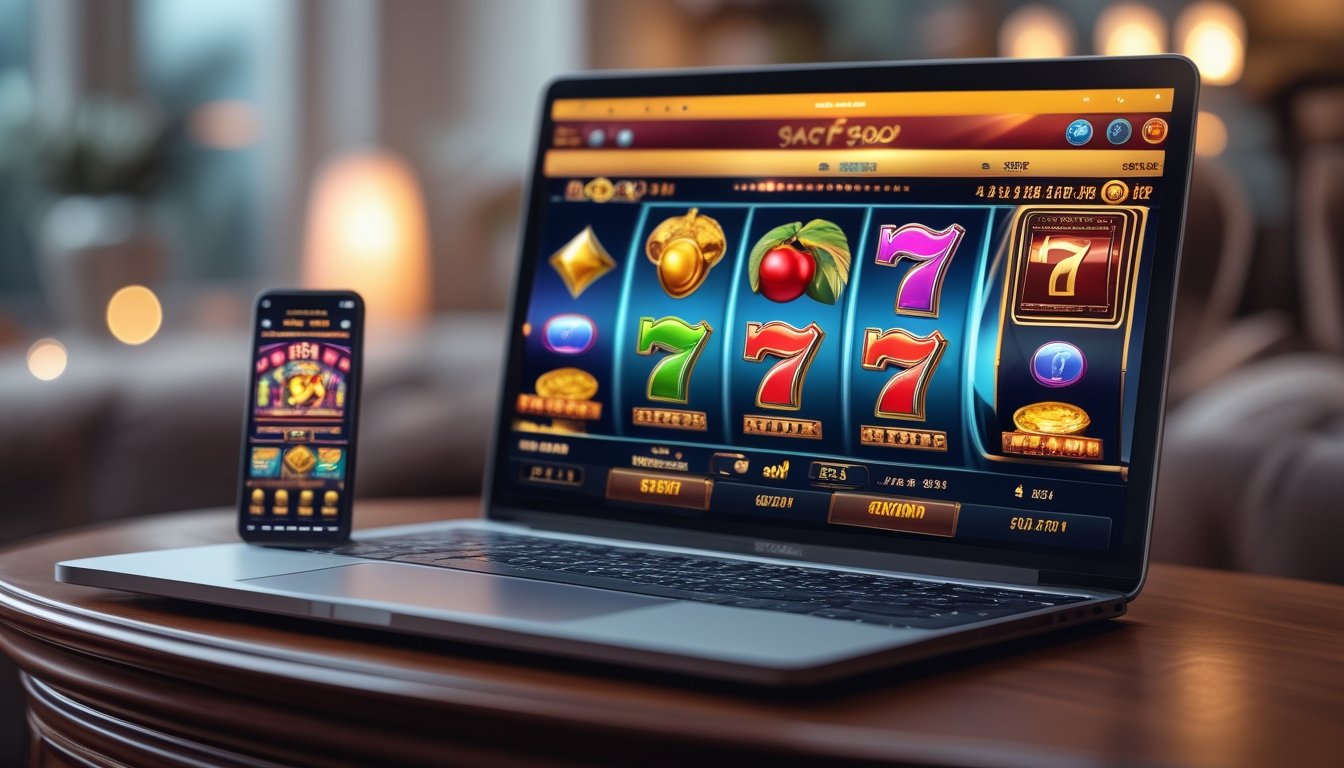Layar laptop dan ponsel menampilkan permainan slot online dengan simbol warna-warni di atas meja kayu, suasana ruangan terlihat nyaman dan modern.