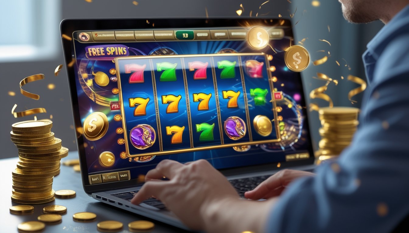 Layar komputer menampilkan mesin slot online dengan simbol berwarna cerah dan koin emas berputar, menggambarkan fitur putaran gratis dan jackpot progresif.