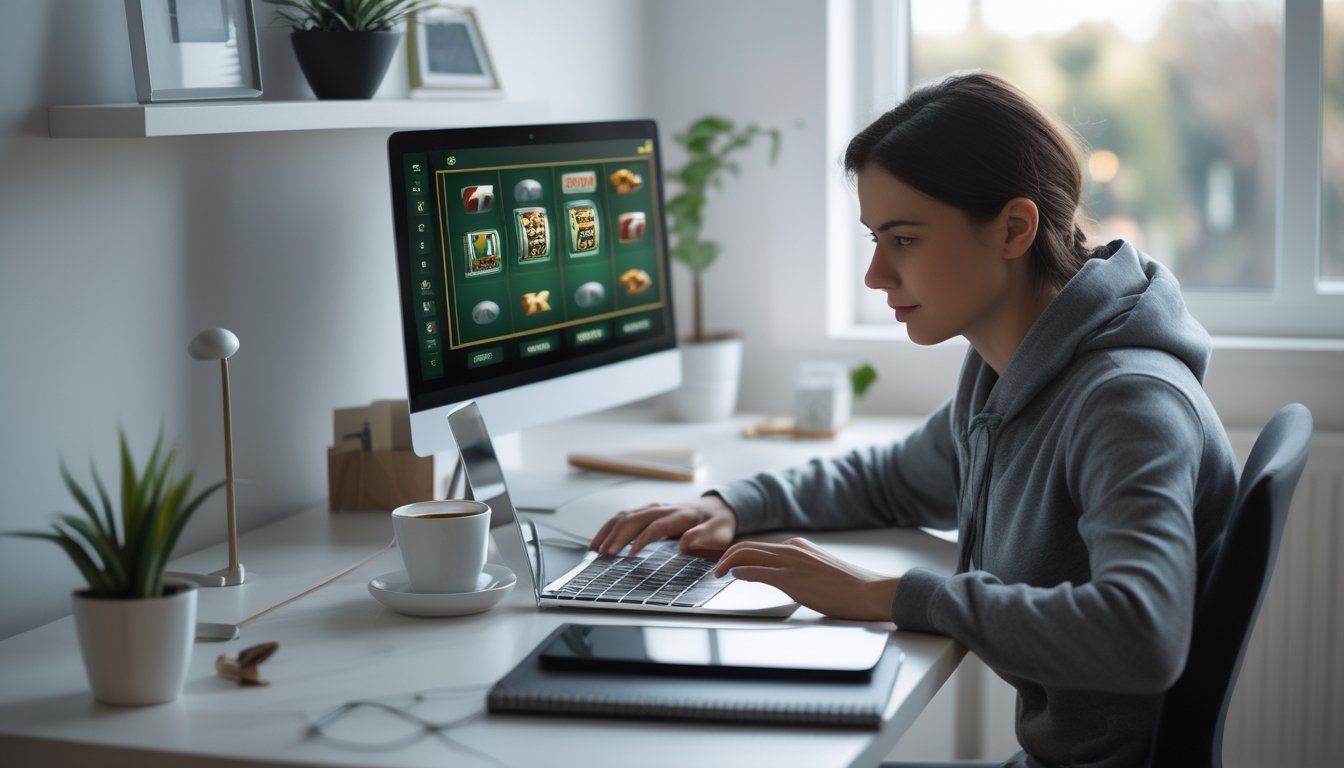 Seseorang sedang bermain slot online dengan tenang di depan laptop di ruang kerja rumah yang rapi dan terang.