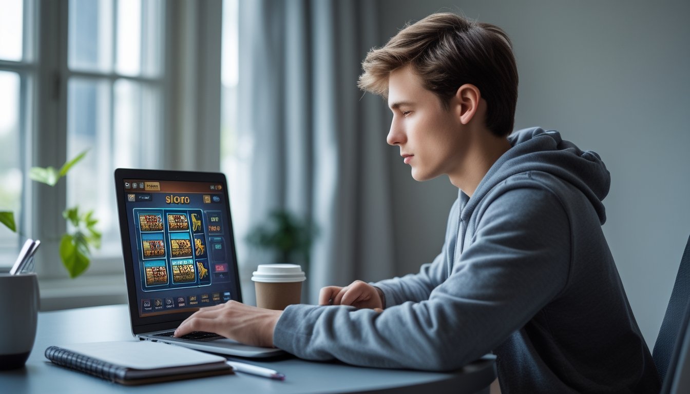 Seorang dewasa muda duduk di meja dengan laptop, bermain slot online dengan ekspresi tenang dan fokus.