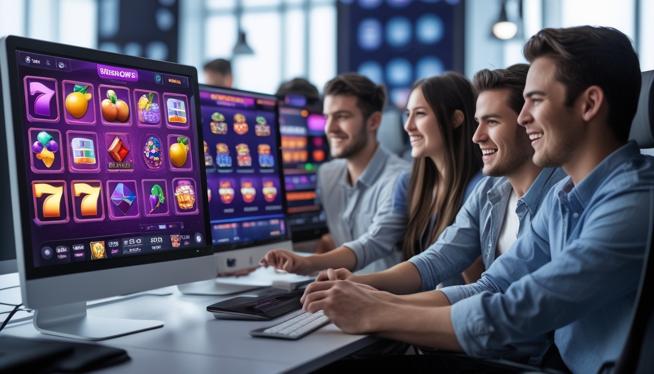 Orang-orang yang sedang bermain permainan slot online di komputer dan perangkat mobile dengan latar belakang layar permainan berwarna-warni.