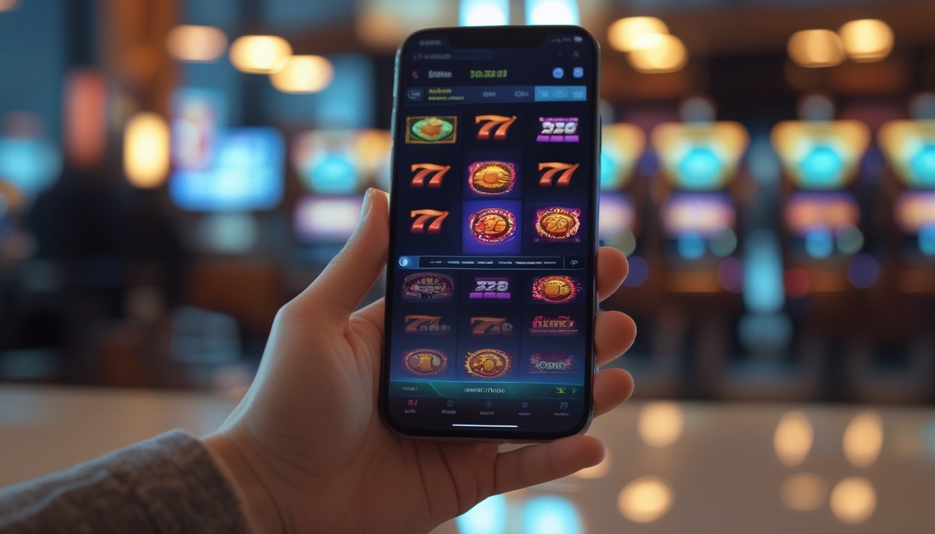 Seseorang memegang ponsel dengan layar menampilkan permainan slot online yang berwarna-warni.