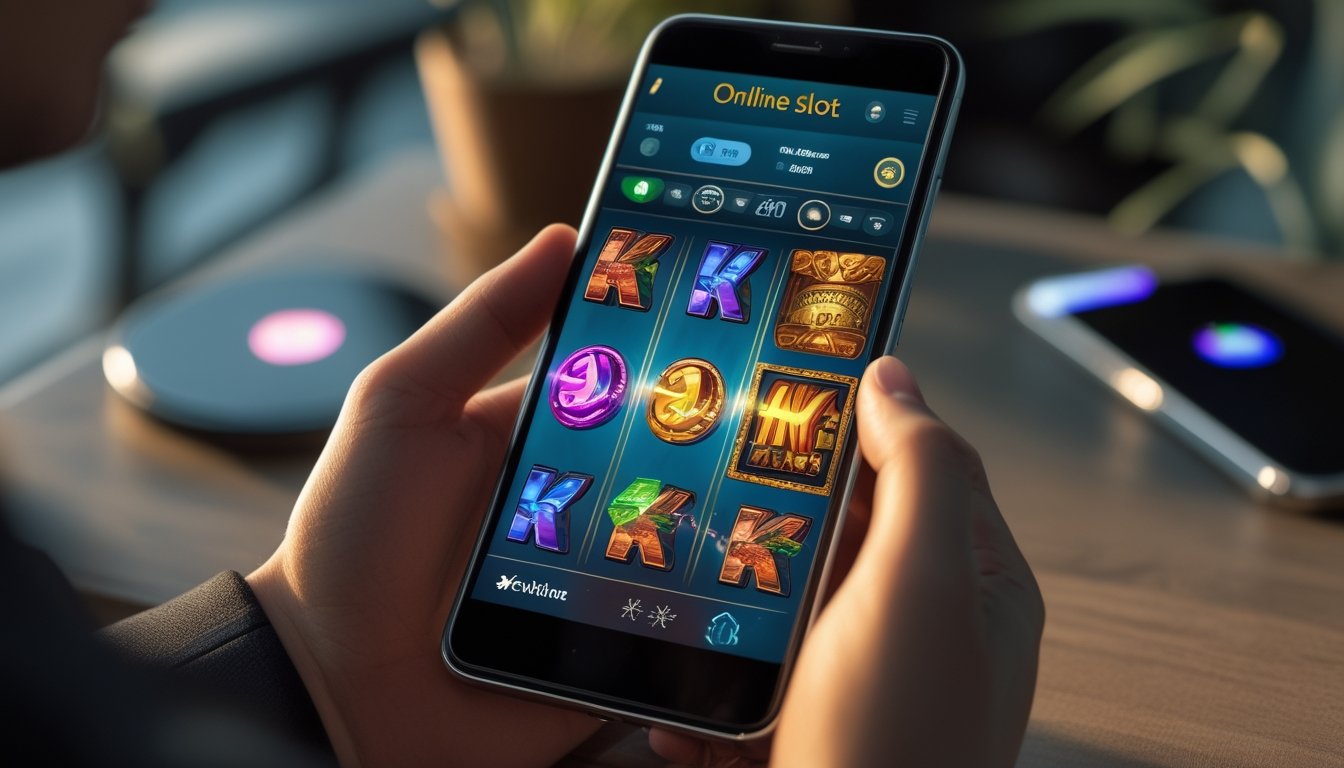 Seseorang memegang smartphone dengan permainan slot online yang berwarna-warni di layar, di latar belakang terdapat suasana ruangan yang nyaman dan perangkat teknologi.