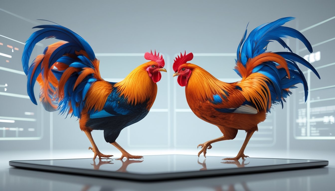 Dua ayam jago berwarna cerah sedang bertarung di layar digital dengan latar belakang teknologi modern.