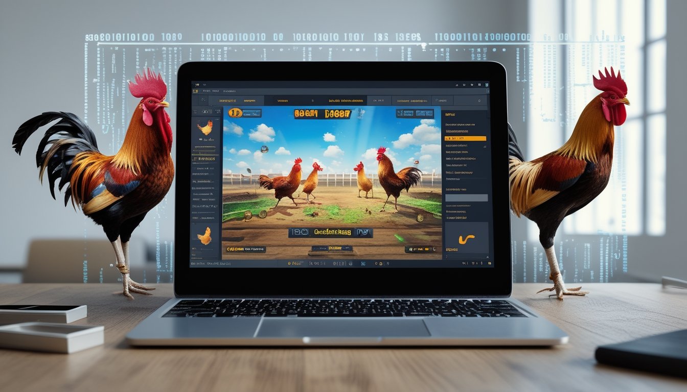 Seorang pengguna melihat layar laptop yang menampilkan permainan sabung ayam online dengan gambar dua ayam jago sedang bertarung, di latar belakang terdapat elemen yang menggambarkan perkembangan teknologi.
