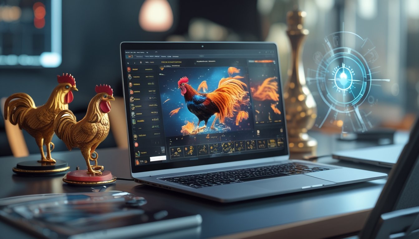 Meja kerja modern dengan laptop yang menampilkan permainan sabung ayam online, di sekitar terdapat patung ayam jago tradisional dan elemen digital.