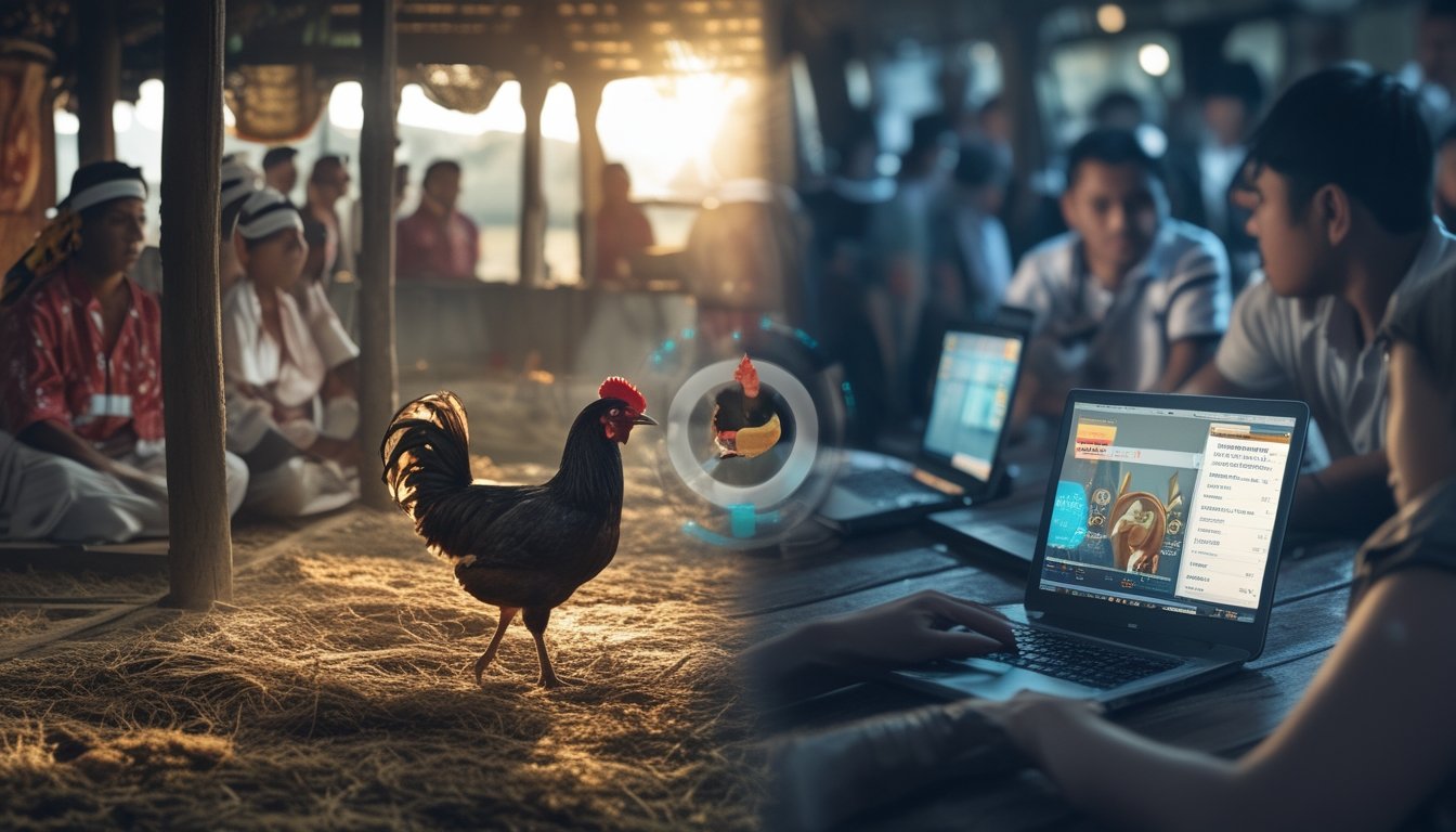 Suasana tradisional sabung ayam dengan arena kayu dan penonton mengenakan pakaian adat di satu sisi, dan orang-orang menggunakan laptop serta ponsel untuk sabung ayam online di sisi lain.