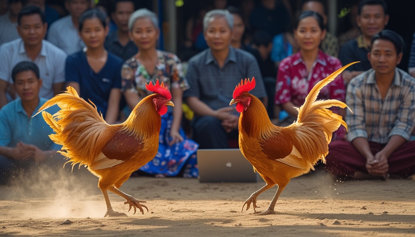 Dua ayam jago sedang bertarung di depan sekelompok orang yang menonton dengan serius di luar ruangan.