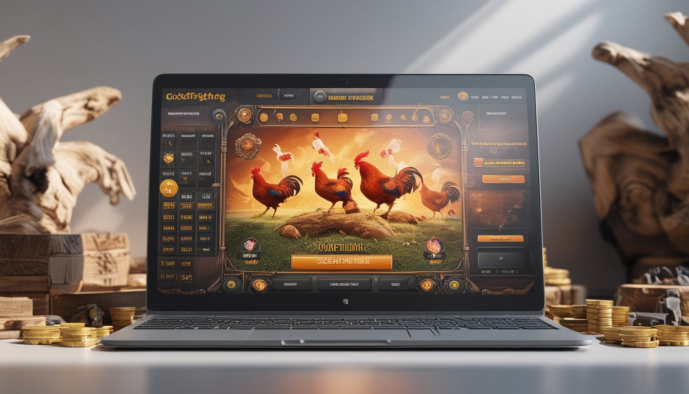 Sebuah laptop menampilkan permainan sabung ayam digital dengan latar belakang elemen tradisional sabung ayam.