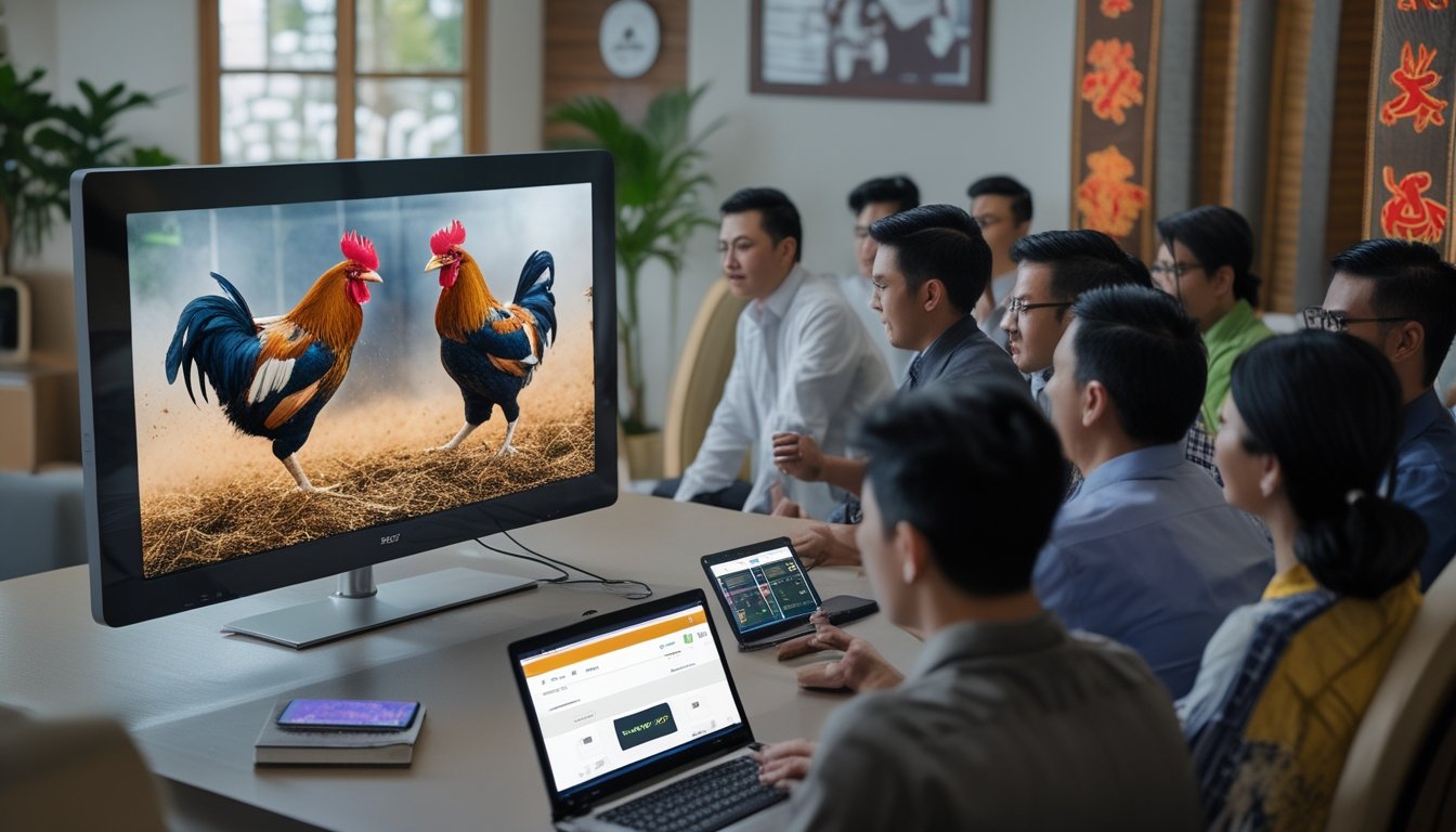 Sekelompok orang menonton pertandingan sabung ayam secara online di layar besar dengan ekspresi antusias.