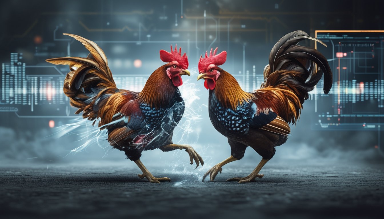 Dua ayam jantan sedang bertarung dengan latar belakang elemen digital seperti pola sirkuit dan layar perangkat modern.