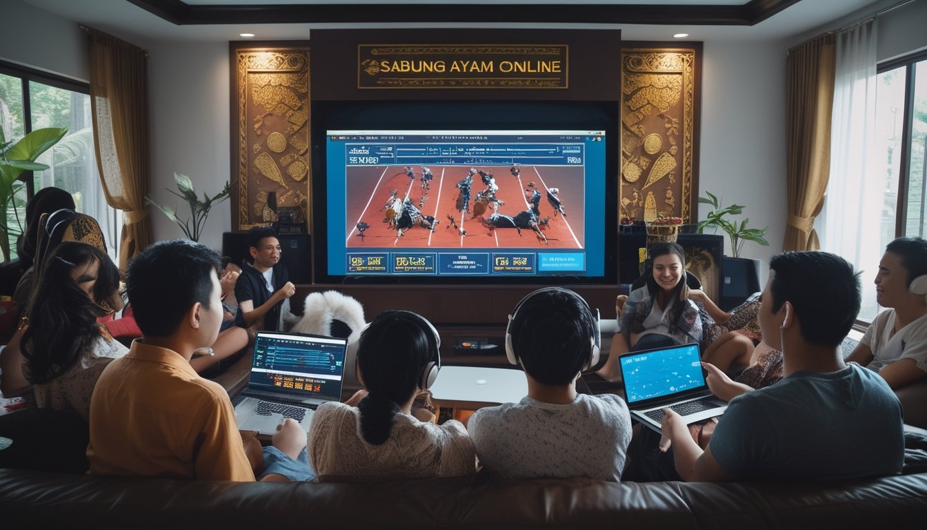Sekelompok orang muda sedang menonton pertandingan sabung ayam secara online di ruang tamu modern dengan dekorasi tradisional Indonesia.