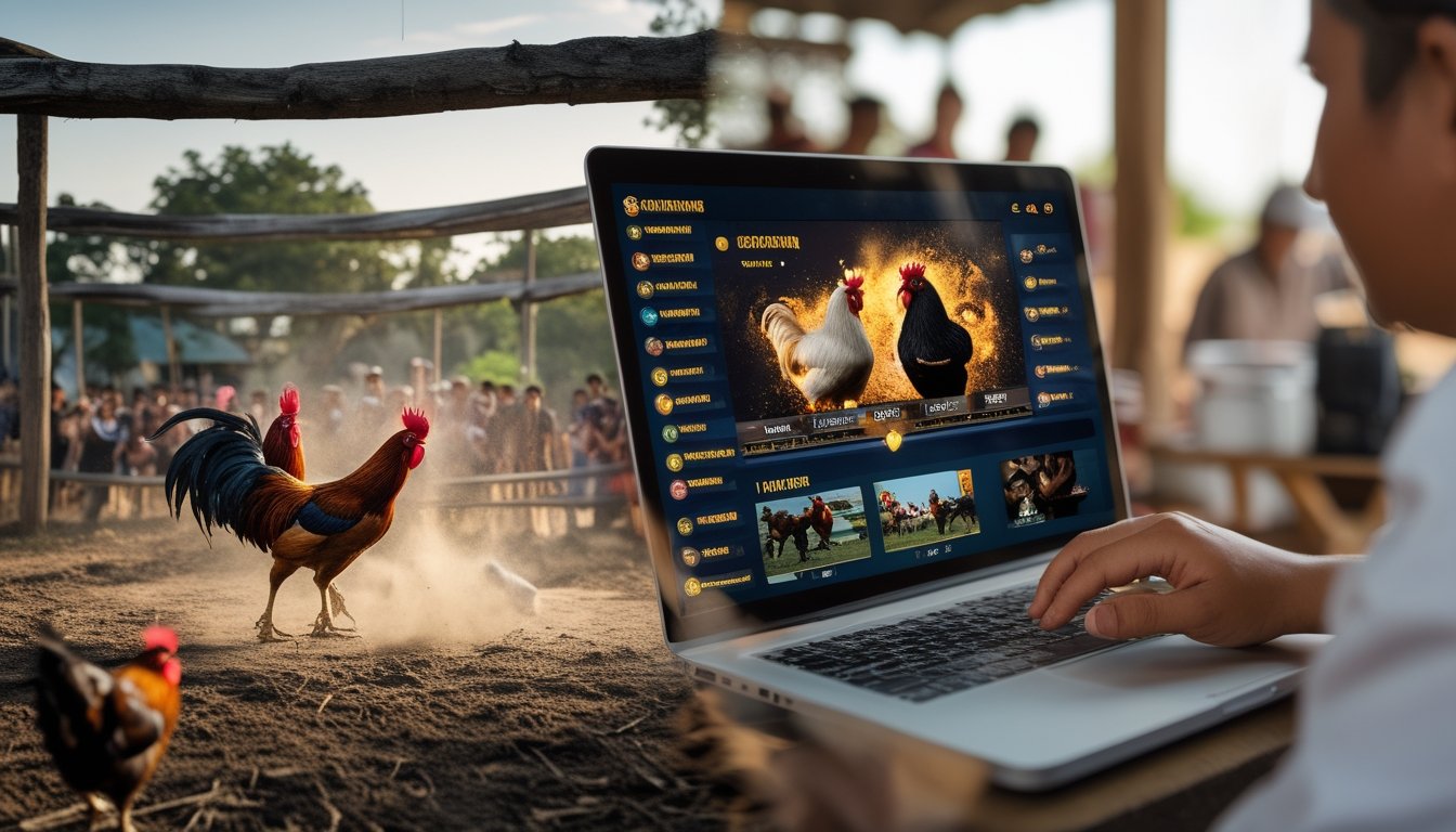 Dua bagian gambar yang menunjukkan sabung ayam tradisional di arena dengan kerumunan dan seseorang menggunakan laptop untuk sabung ayam online.