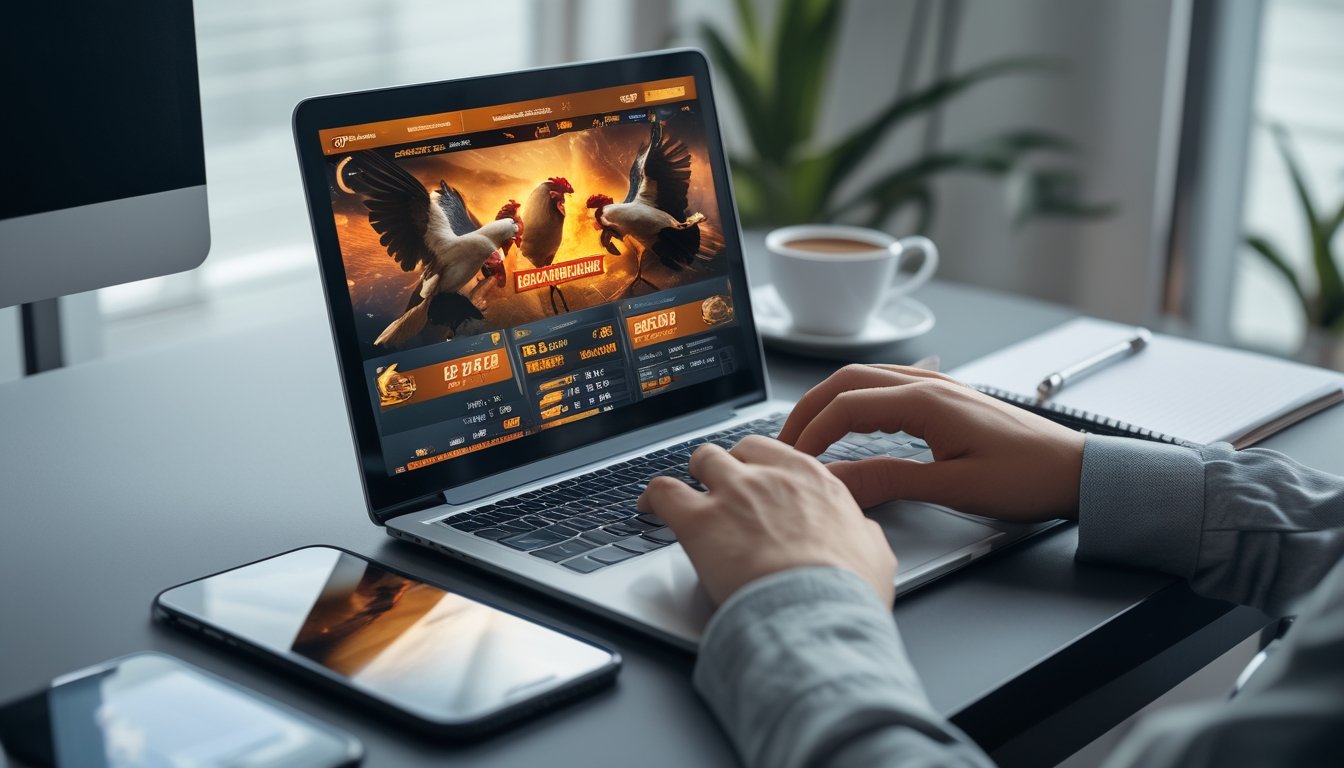 Seorang pria menggunakan laptop di meja kerja dengan layar menampilkan gambar ayam aduan, dikelilingi oleh ponsel, kopi, dan alat tulis.